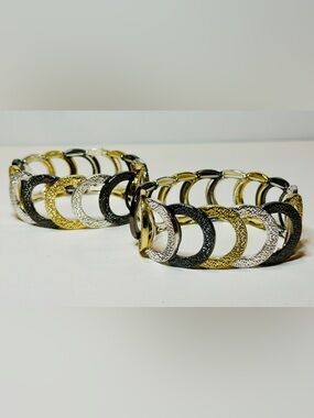 Mixed Metal Stretch Bracelet Set Stackable Gold Silver Gunmetal